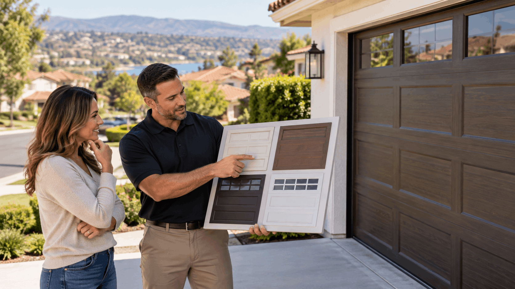 Garage door contractor showing style samples to homeowner outside Irvine residence