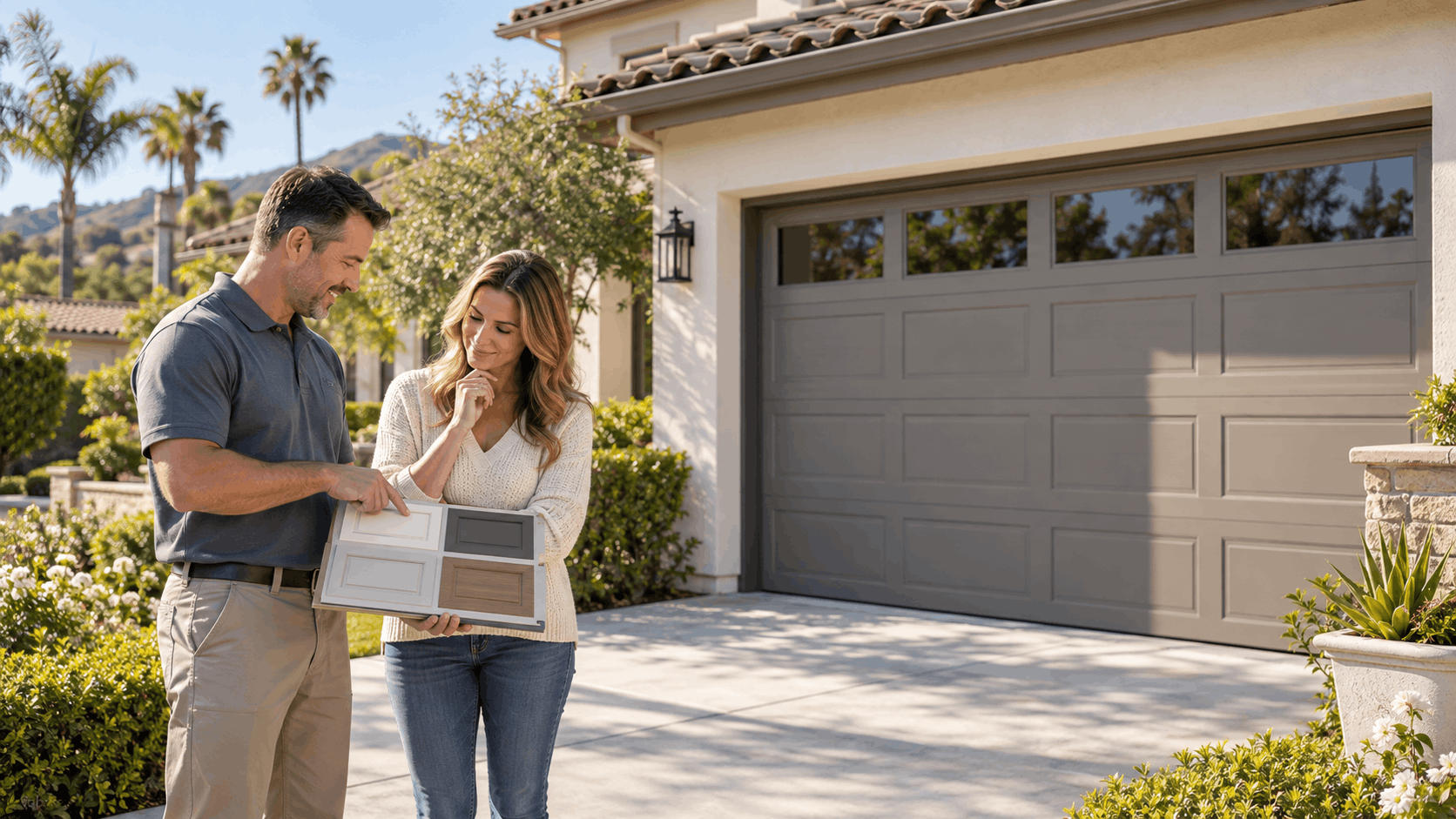 HOA consultant showing garage door color samples to Irvine homeowner during approval process