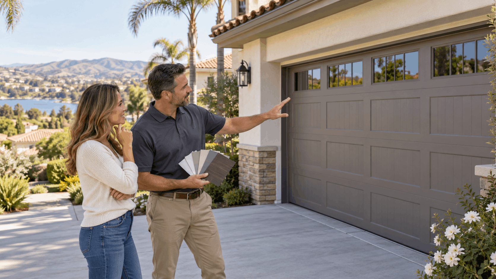 Garage door consultant showing color samples to homeowner at Irvine luxury residence