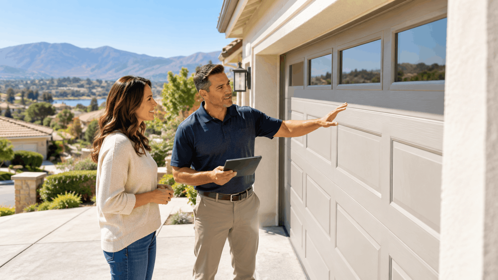 Garage door technician showing homeowner white panel garage door in Irvine neighborhood