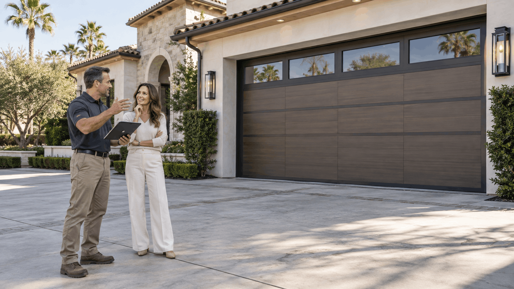 Garage door technician consulting homeowner outside Yorba Linda estate with oversized wood-panel garage door