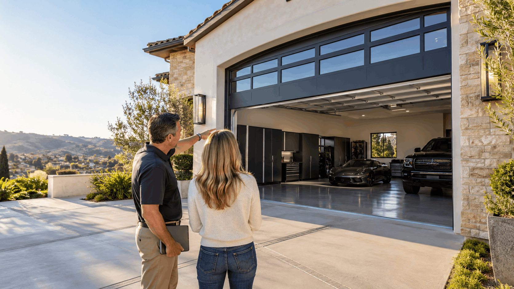 Couple consulting over wide garage opening with luxury vehicles in Irvine home