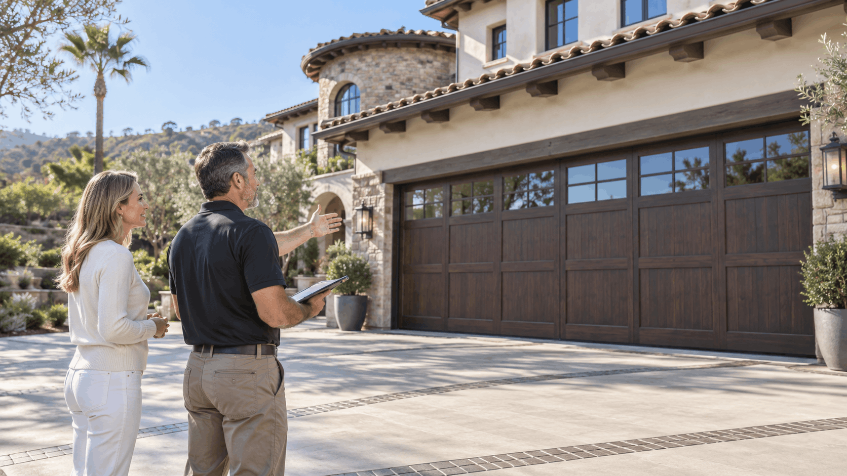 Garage door consultant discussing heavy wide door options with homeowner at luxury Irvine residence