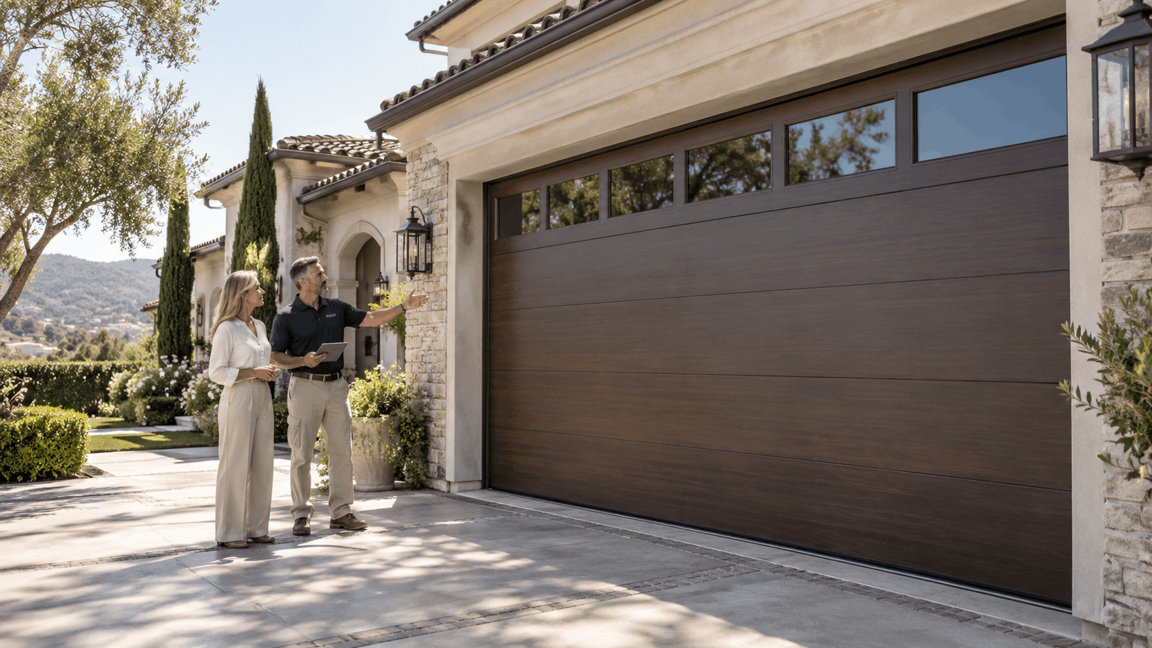 Garage door installer consulting homeowner beside modern brown wood-grain garage door Irvine