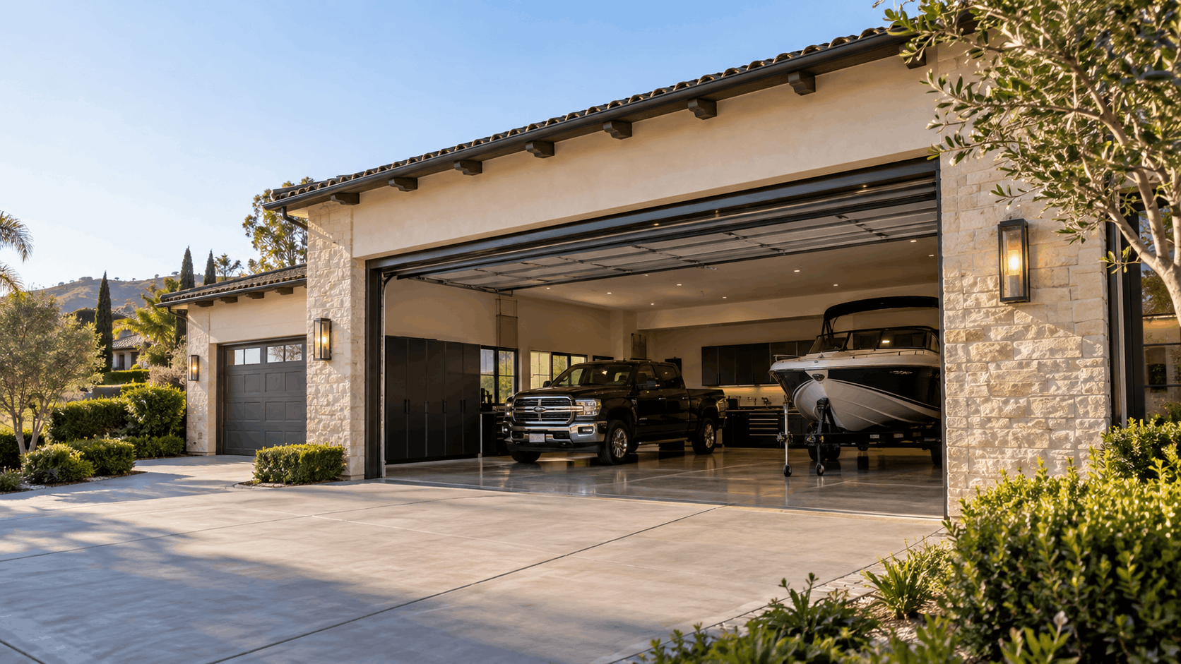 Luxury Irvine home garage with open door revealing truck and boat inside