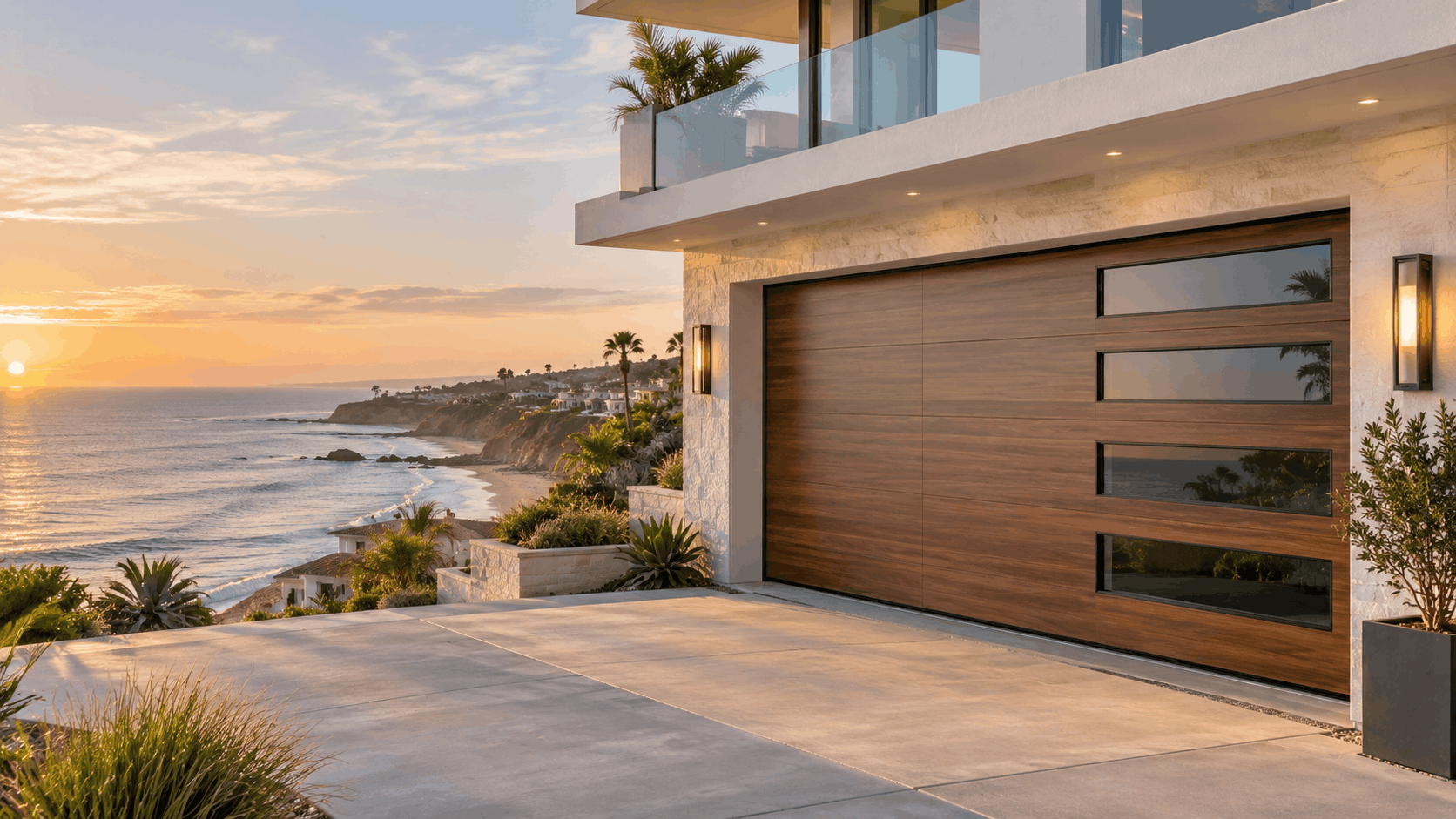 Modern wood garage door with glass panels on luxury oceanfront home at sunset in Irvine