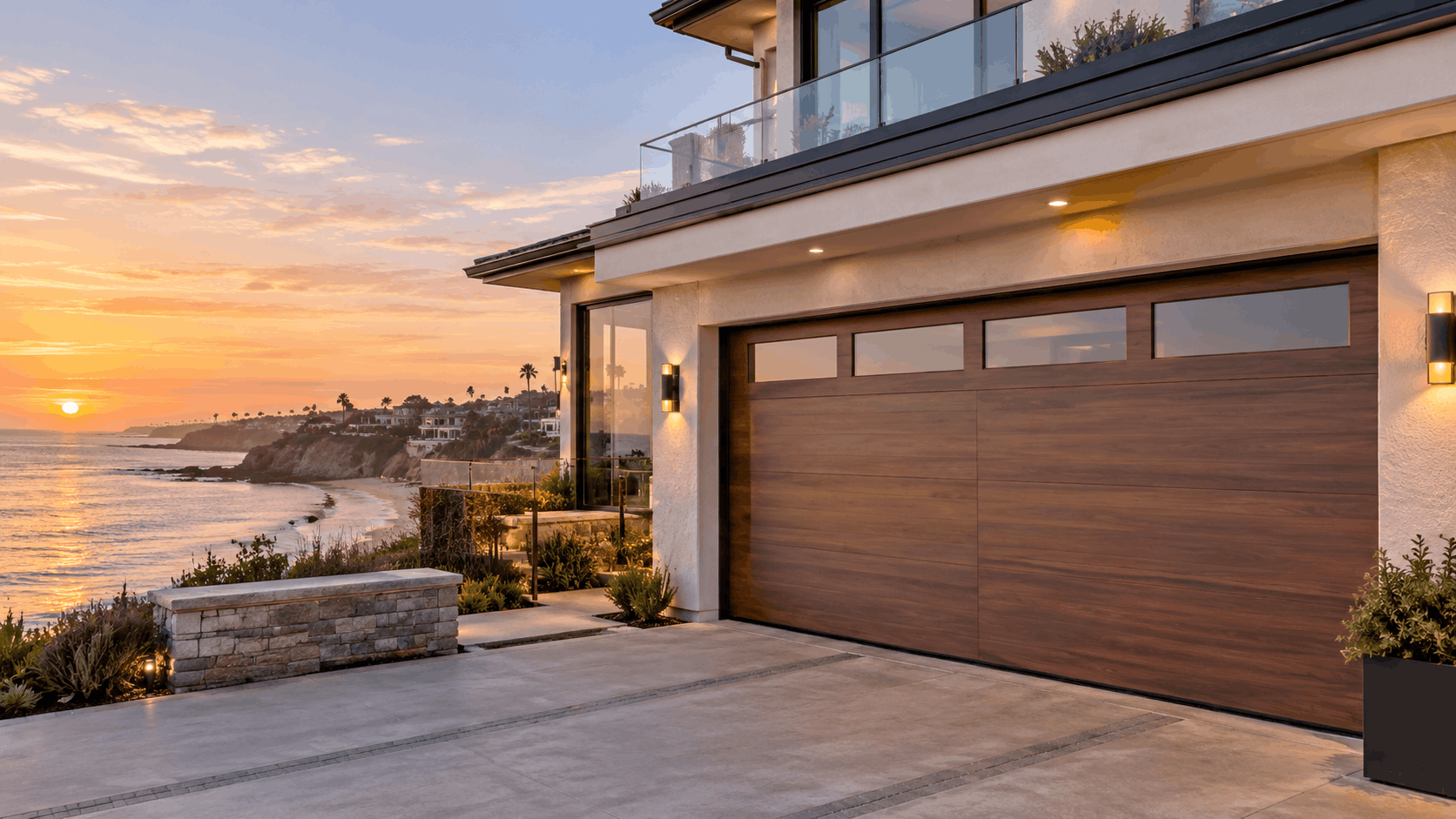 Custom wood garage door on luxury Newport Coast home with ocean sunset view