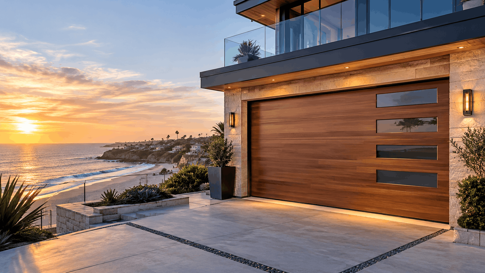 Modern wood garage door on luxury beachfront home at sunset in Irvine