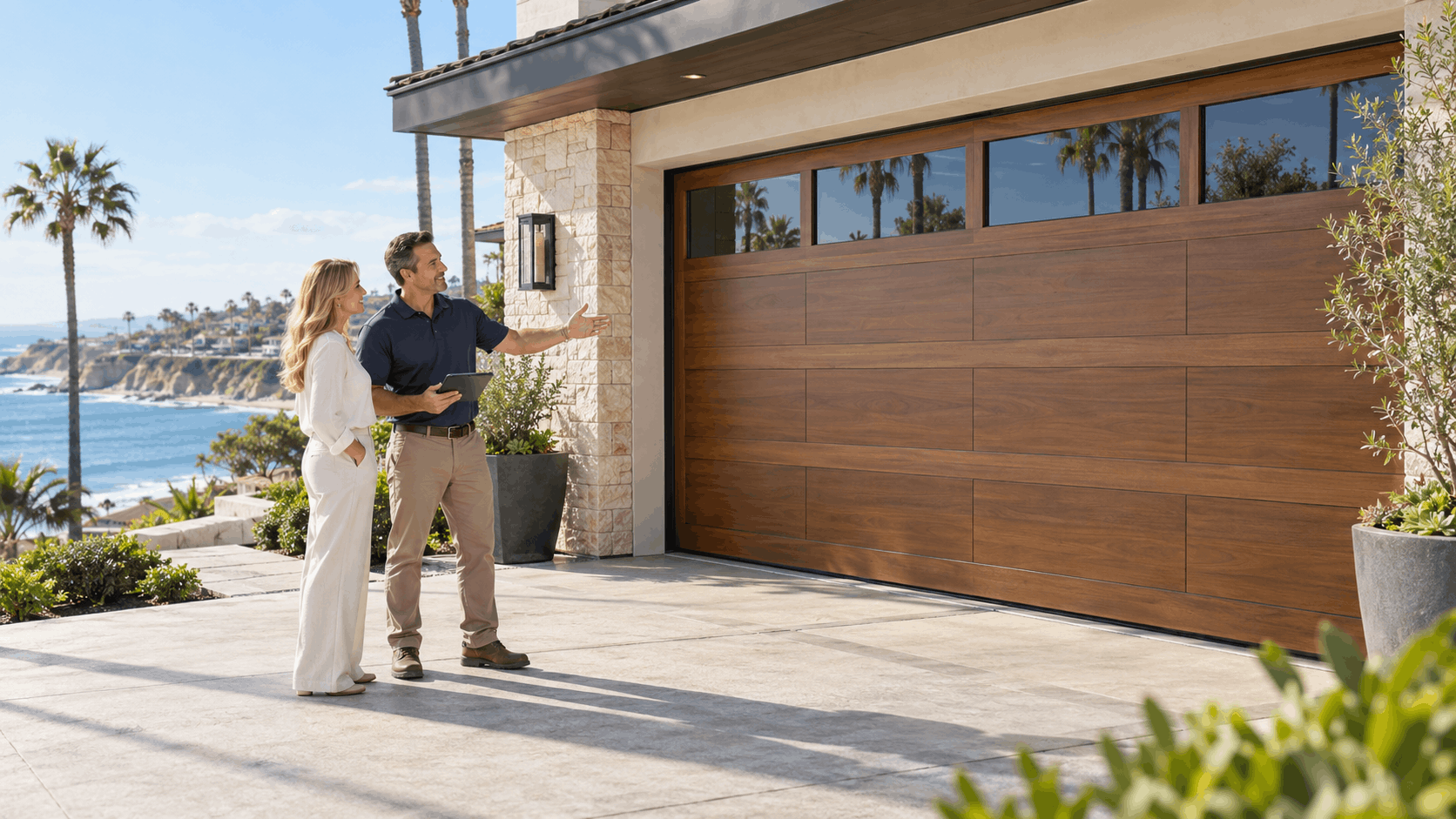Garage door technician consulting homeowner at Newport Coast luxury home with ocean view
