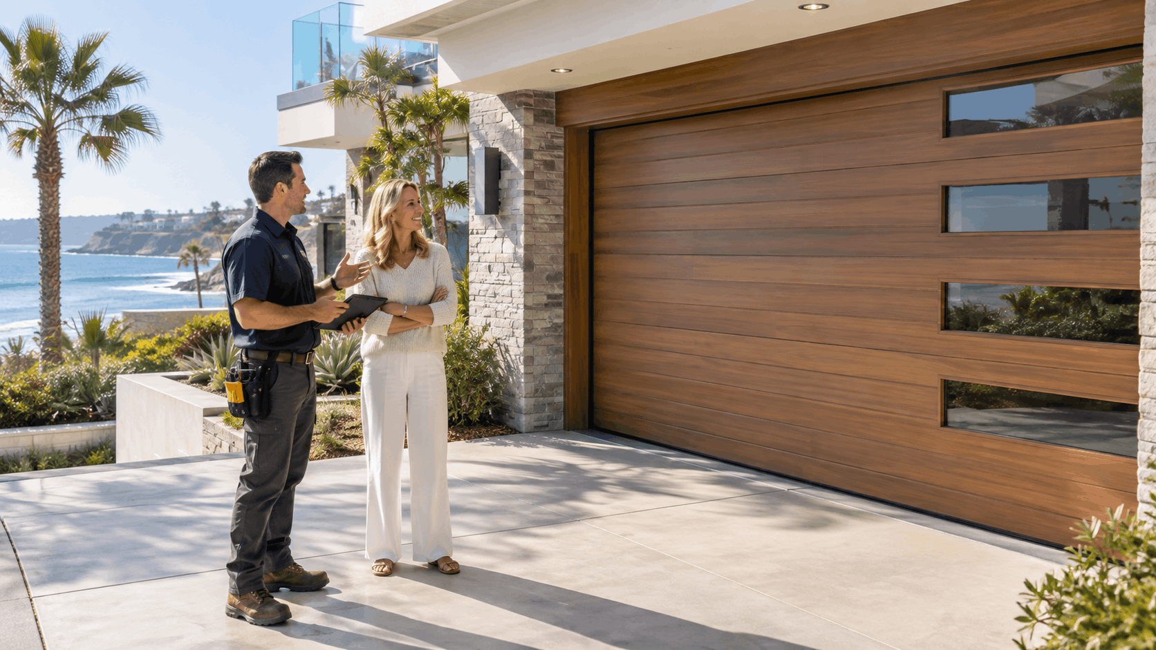 Garage door technician consulting with homeowner outside modern Irvine coastal property