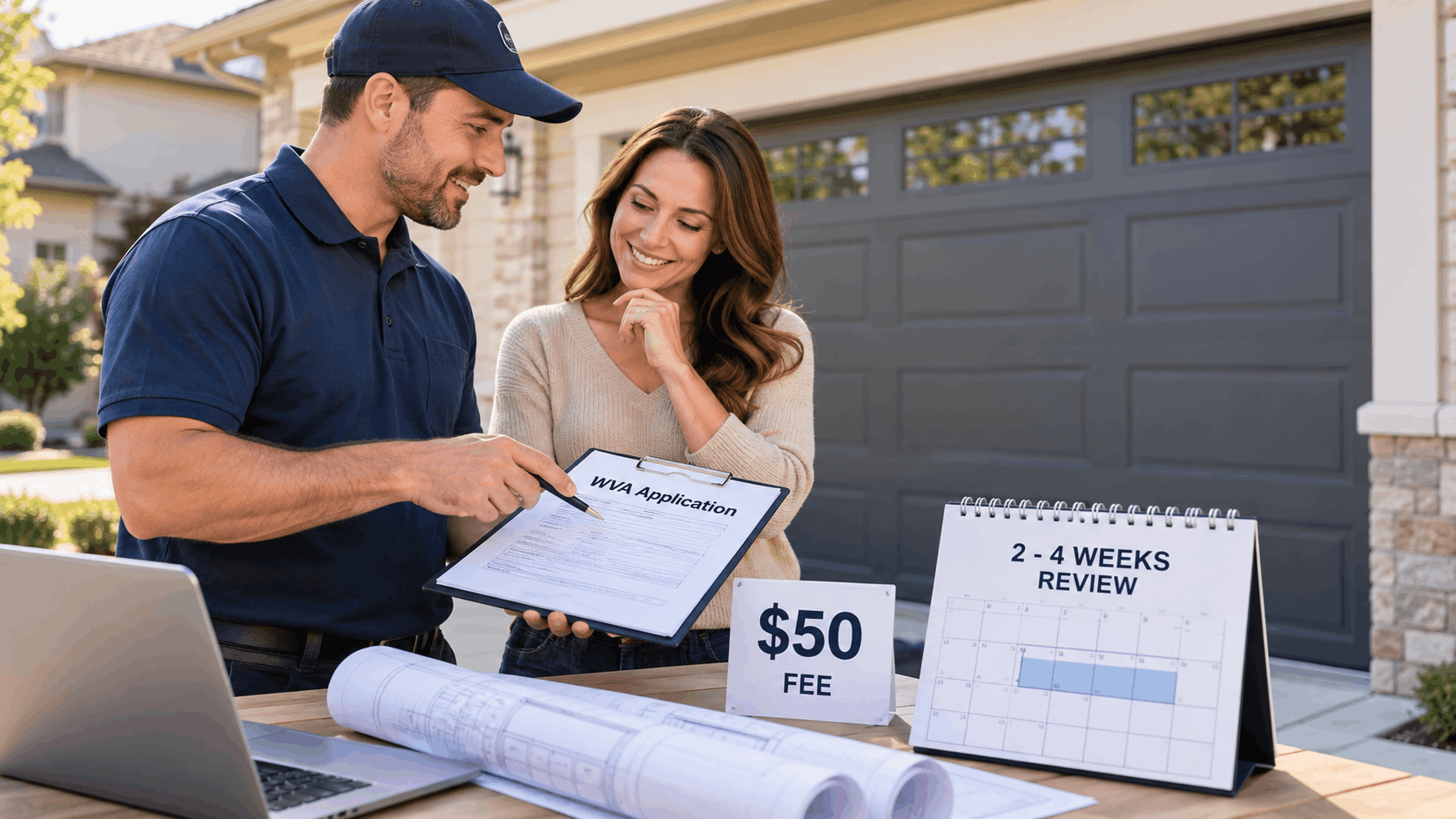 Contractor explaining WVA garage door application with $50 fee and 2-4 week review timeline