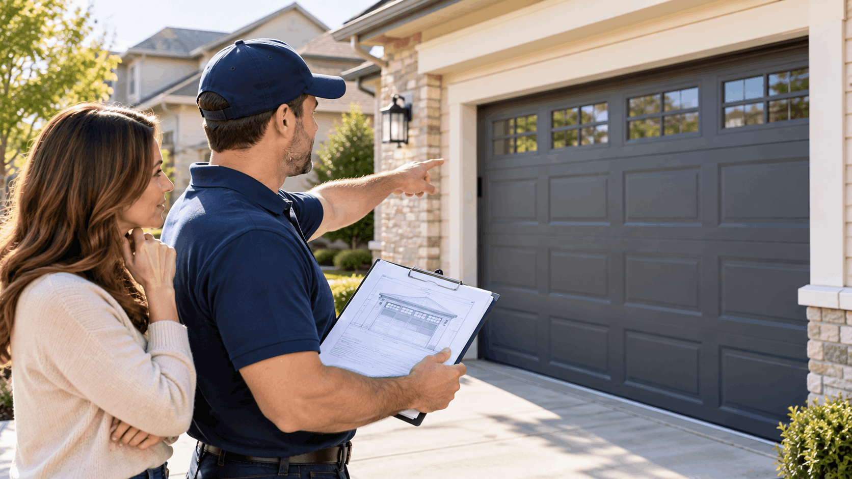 Garage door technician showing homeowner clipboard plans for urgent garage door installation Irvine