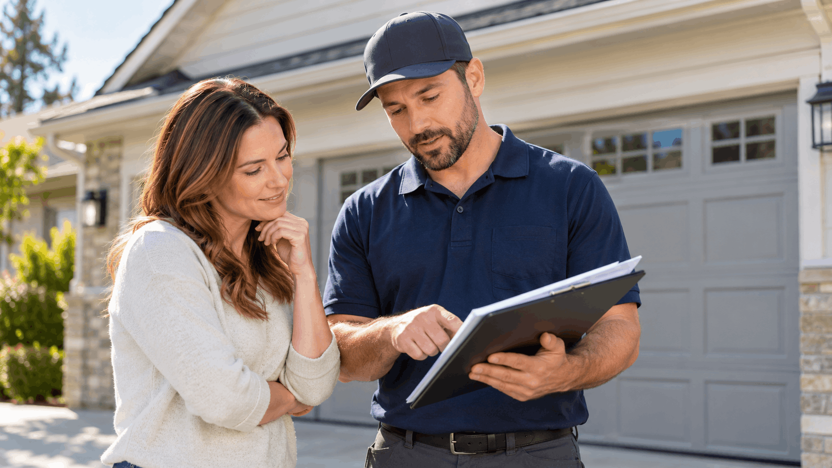 Garage door technician reviewing clipboard estimate with female homeowner outside suburban house