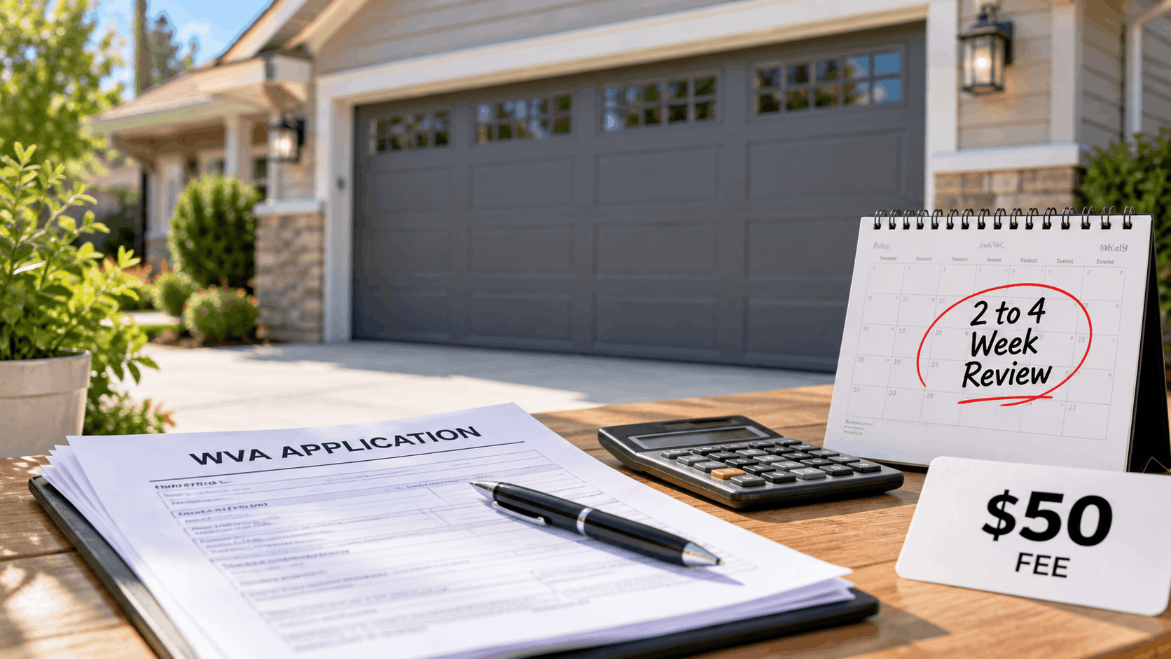 WVA application form with $50 fee sign and 2 to 4 week review calendar beside suburban garage