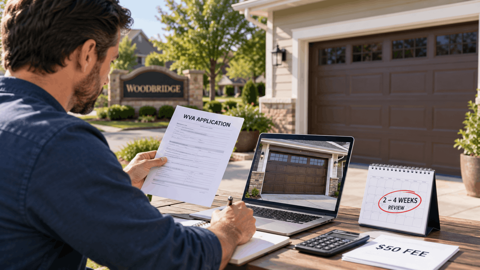 Woodbridge HOA resident completing WVA application with $50 fee and 2-4 week review timeline