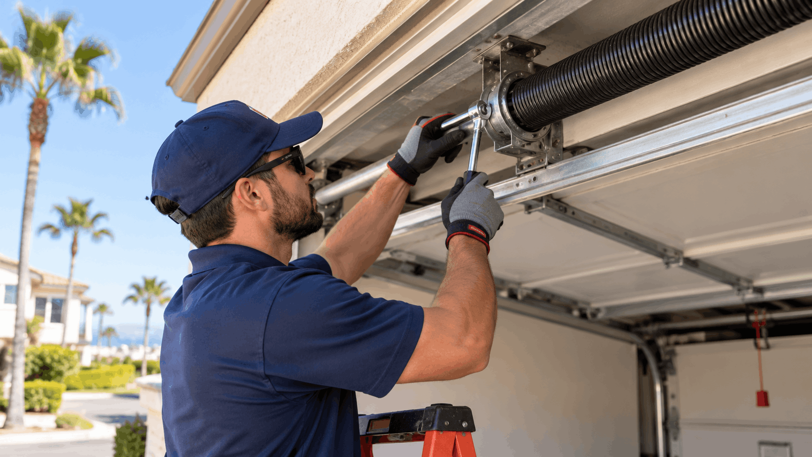 Garage door technician replacing torsion spring using wrench on ladder in Irvine