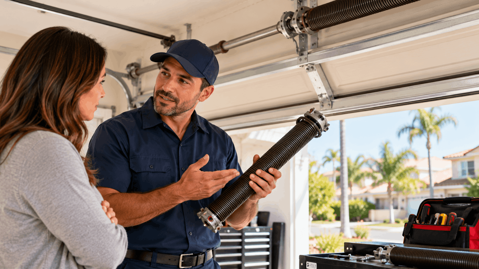 Garage door technician showing broken torsion spring to Irvine homeowner during repair consultation