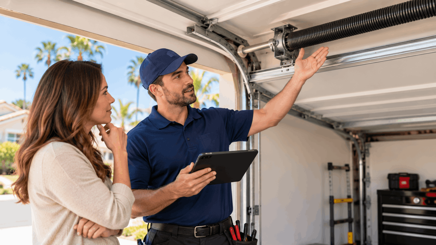 Garage door technician explaining torsion spring repair to Irvine homeowner with tablet