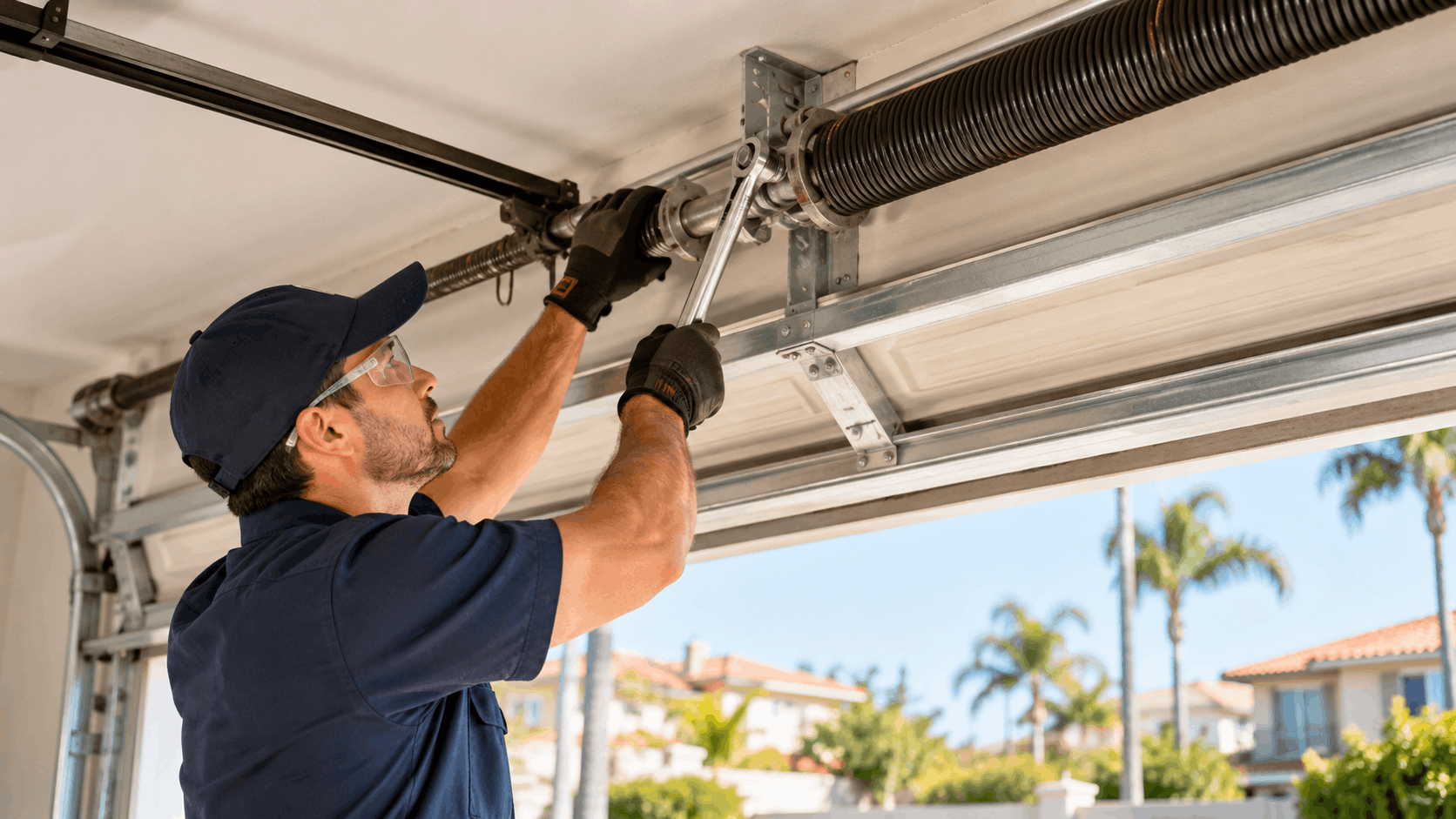 Professional garage door technician adjusting torsion springs during repair service in Irvine California
