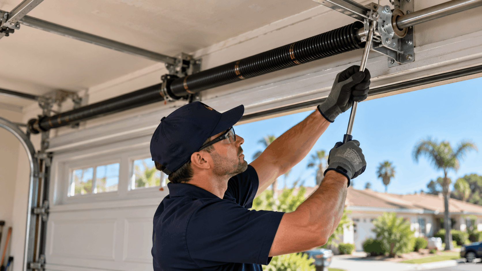Urgent Garage Doors technician repairing torsion spring on Irvine garage door