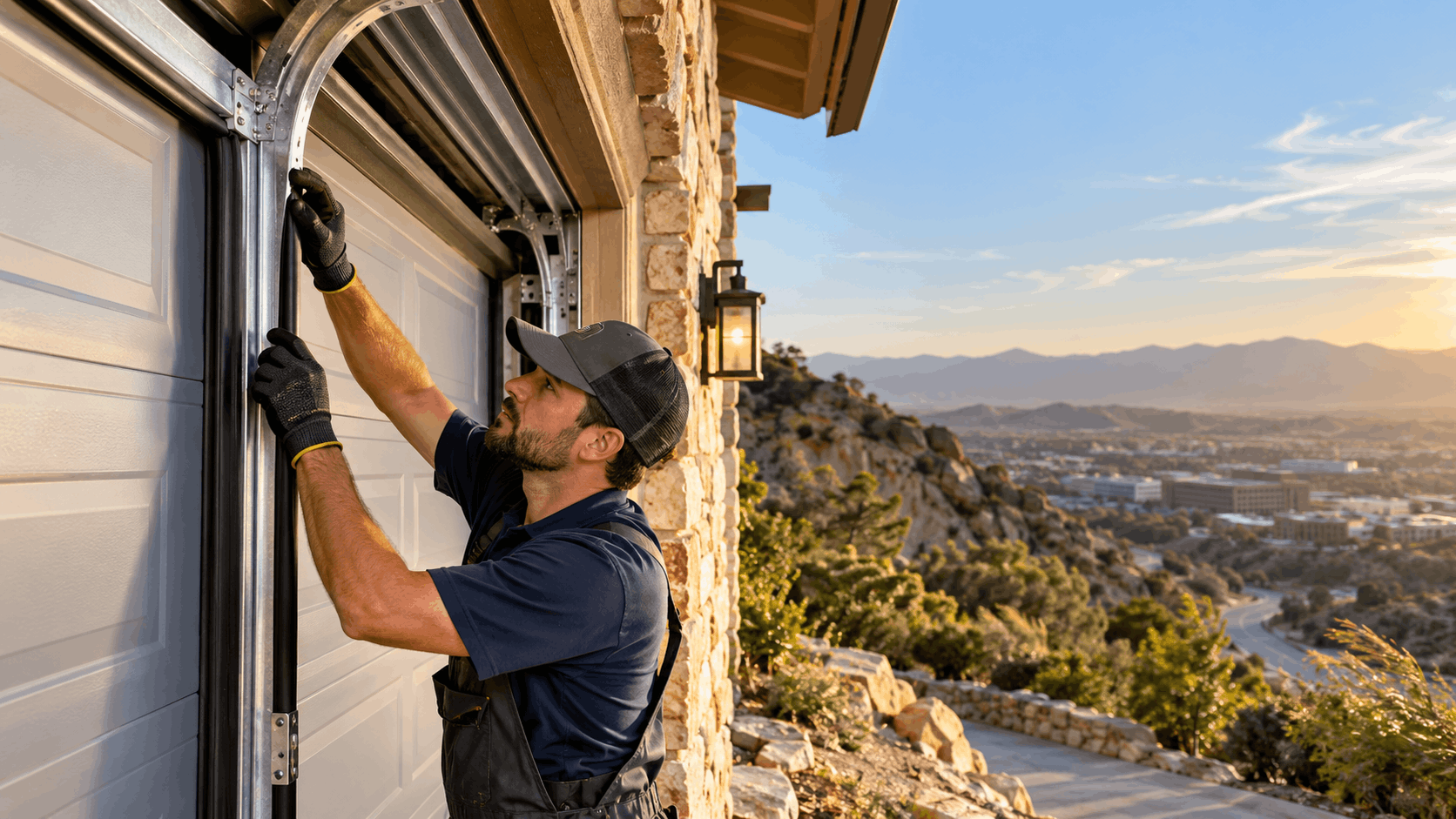 Garage door technician installing track on stone home with mountain valley backdrop