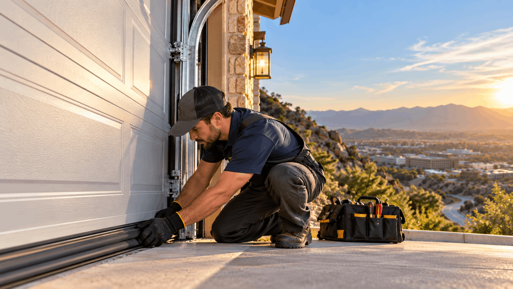 Garage door technician repairing misaligned tracks on hillside Irvine home at sunset