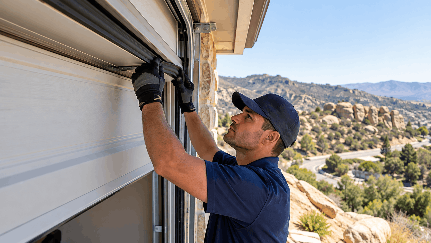 Garage door technician resealing and realigning residential door track in Irvine