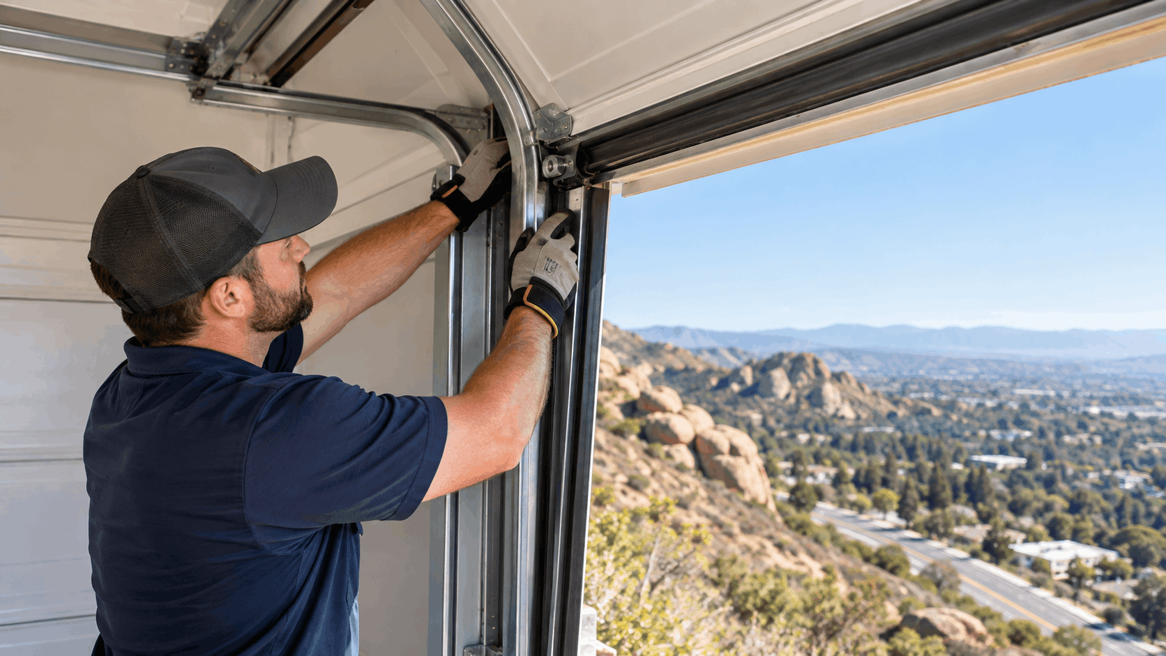 Garage door technician repairing track and hinges with mountain landscape background