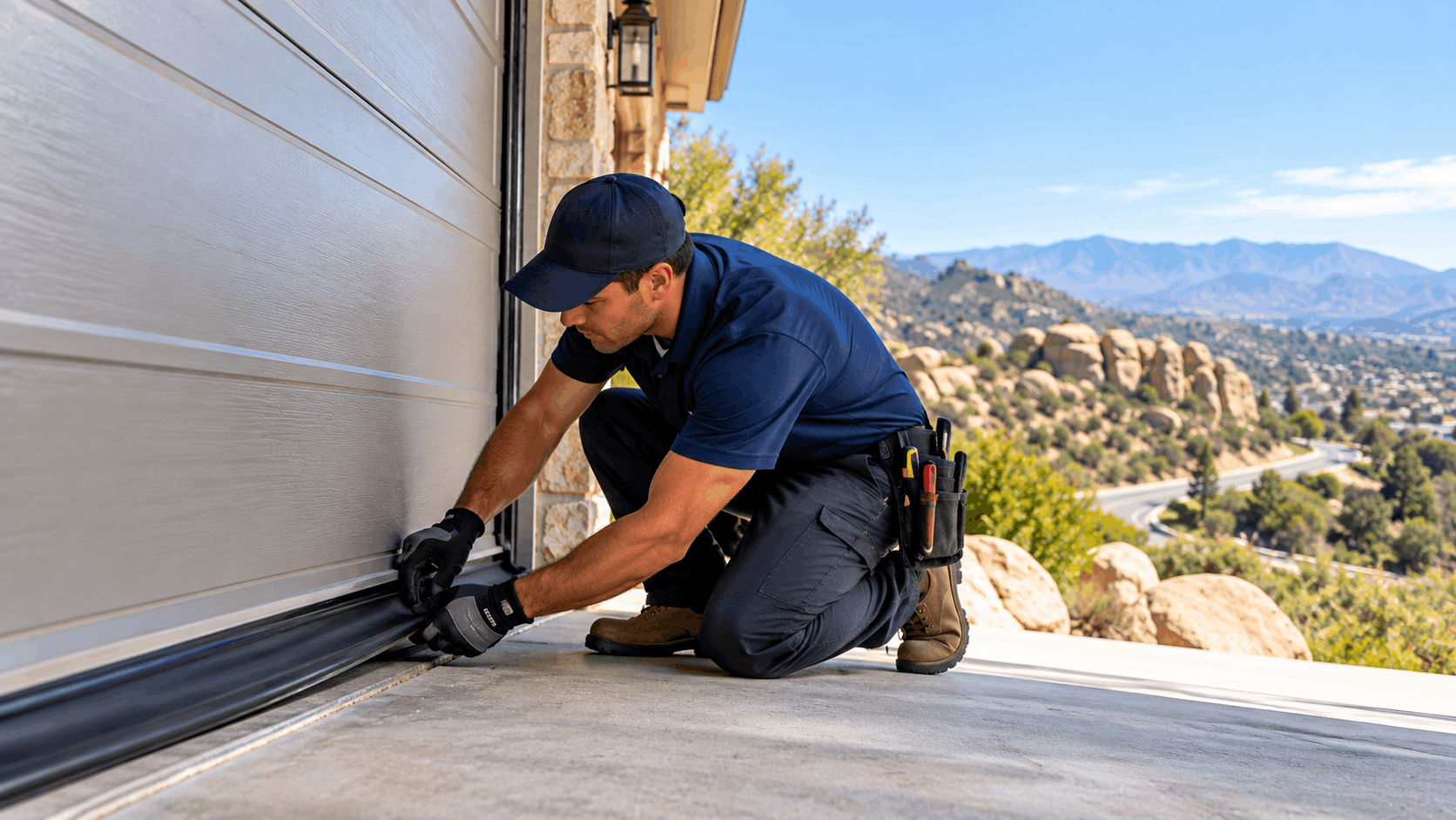 Garage door technician sealing bottom weatherstrip on residential door in Irvine hillside home