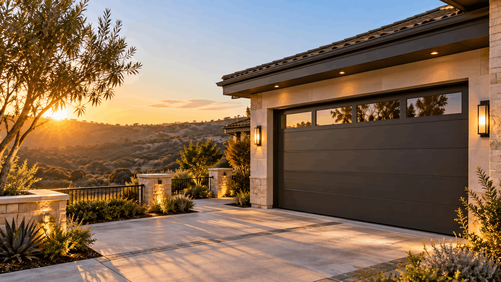 Modern dark garage door on luxury Irvine hillside home at golden sunset