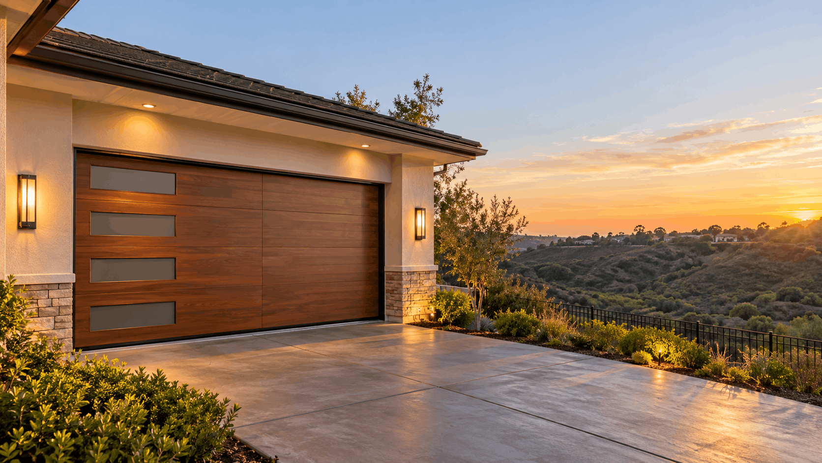 Modern wood garage door with frosted glass panels on luxury Irvine hillside home at sunset