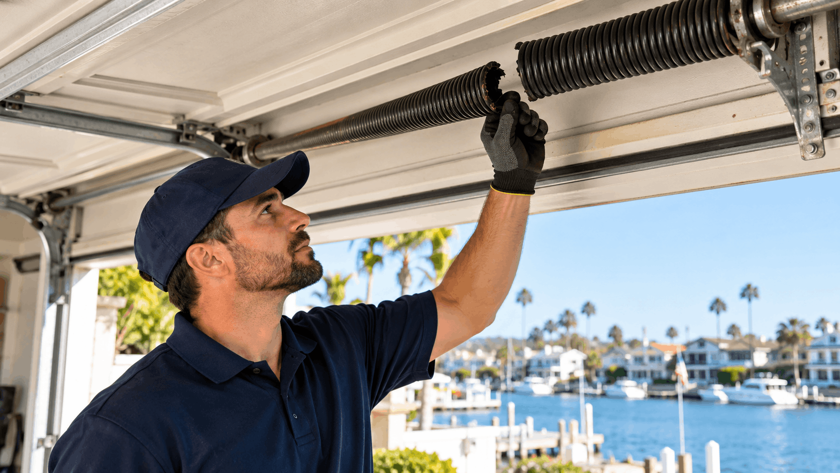 Technician inspecting broken garage door torsion spring in Irvine waterfront home