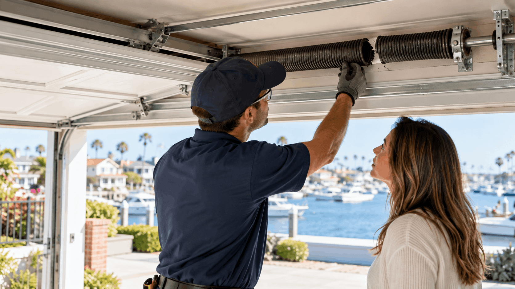 Garage door technician repairing torsion springs while Irvine homeowner observes nearby