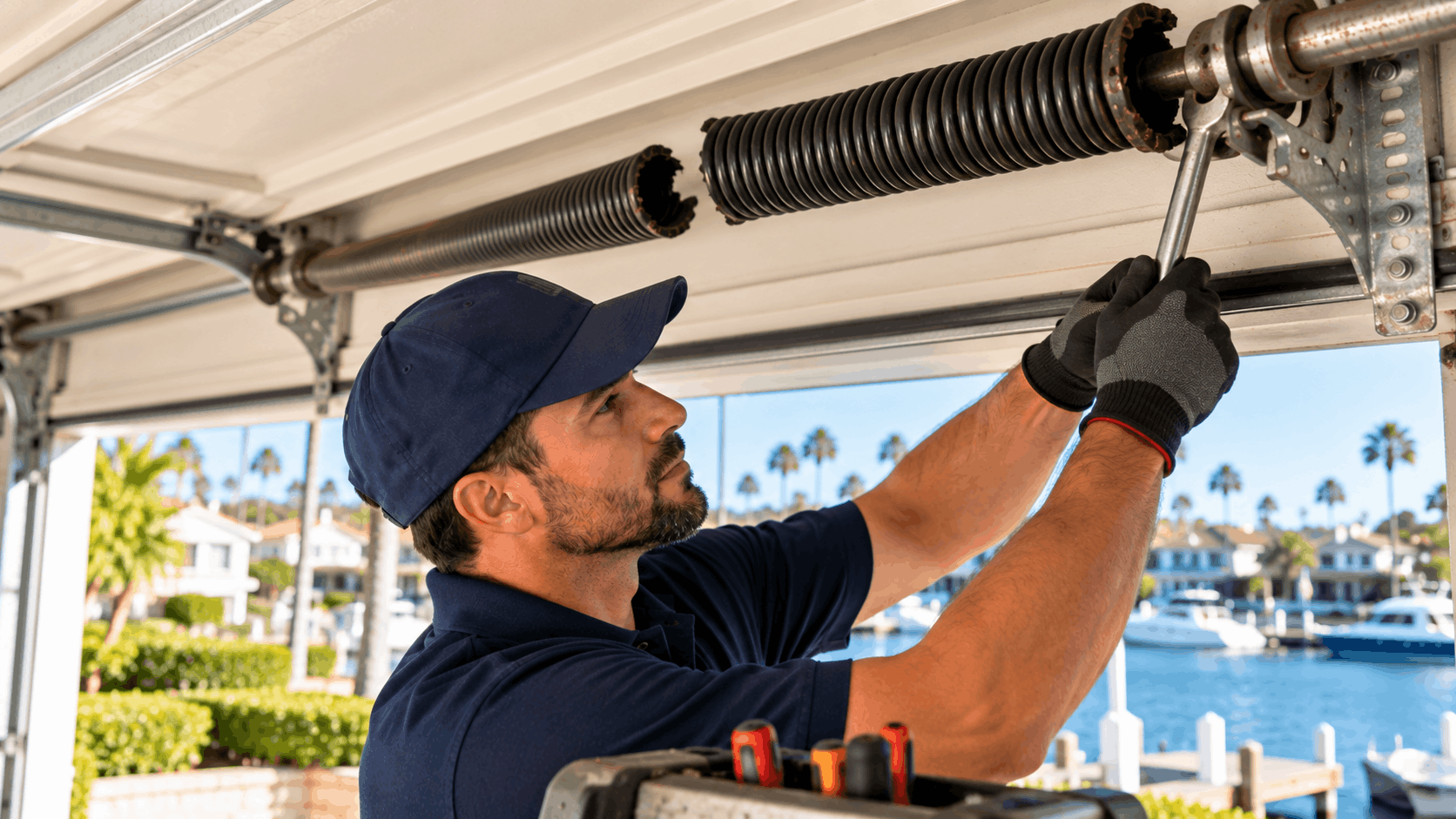 Garage door technician repairing torsion springs at waterfront vacation rental property Irvine