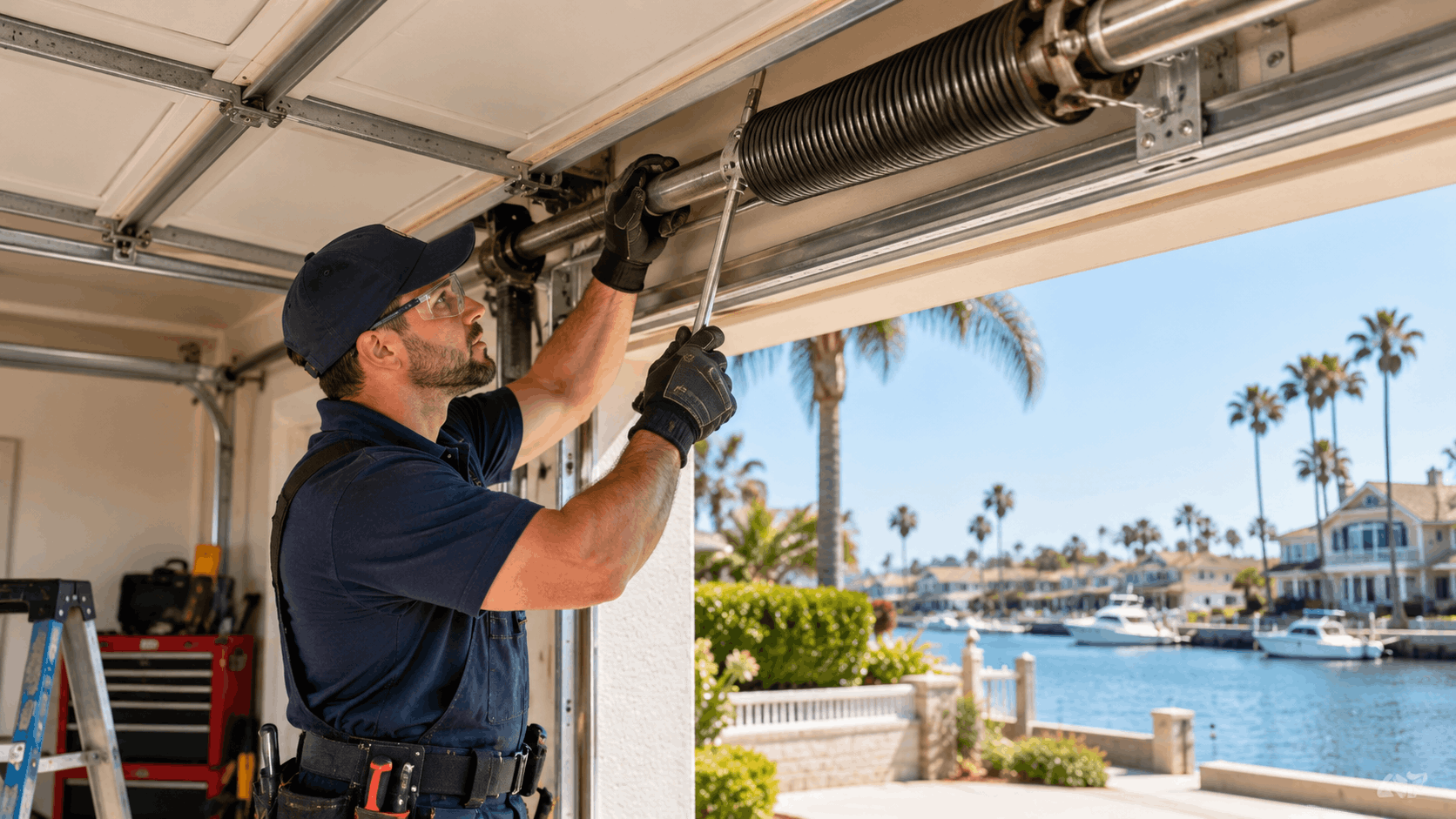 Garage door technician repairing torsion spring system in Irvine waterfront home