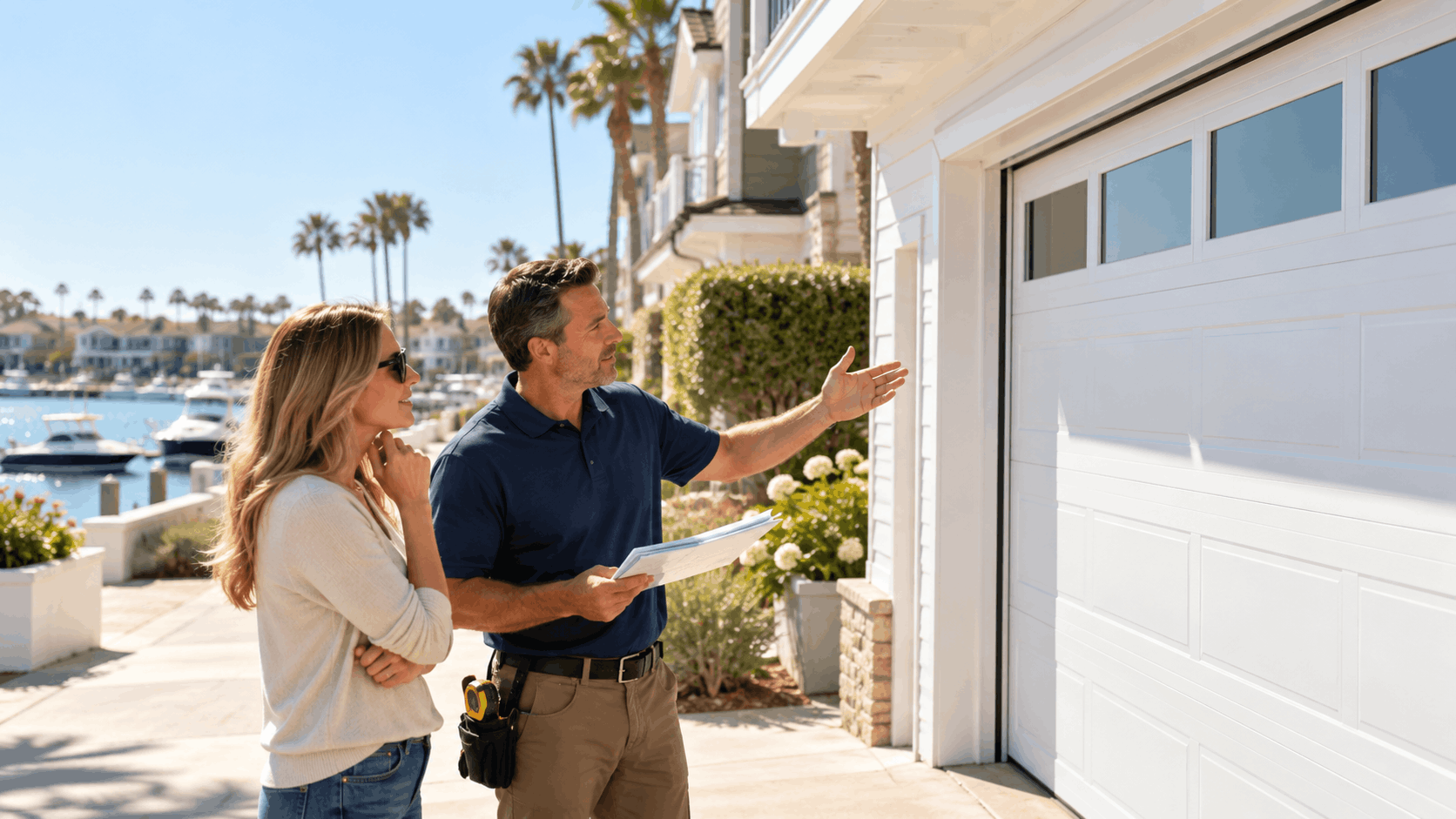 Garage door contractor consulting homeowner outside waterfront Balboa Island property