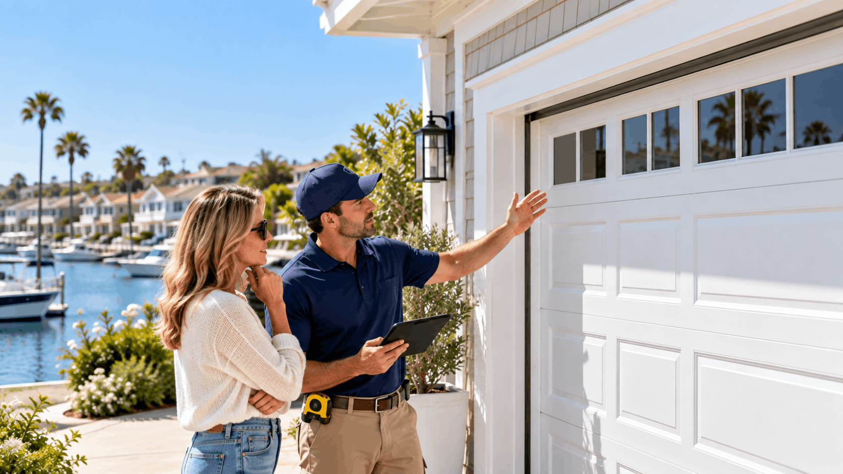 Garage door technician consulting homeowner outside waterfront Irvine property with tablet