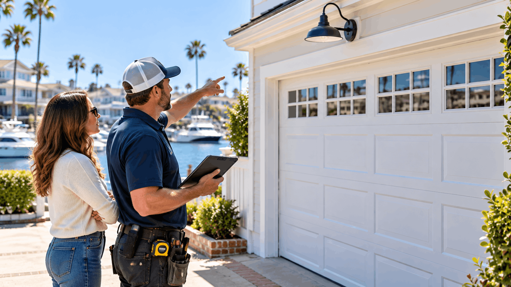 Garage door technician inspecting coastal home hardware with homeowner near marina