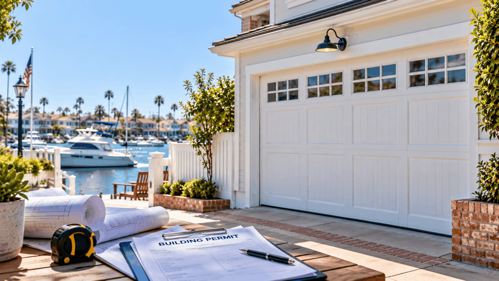 Building permit clipboard and blueprints outside Irvine waterfront home garage door