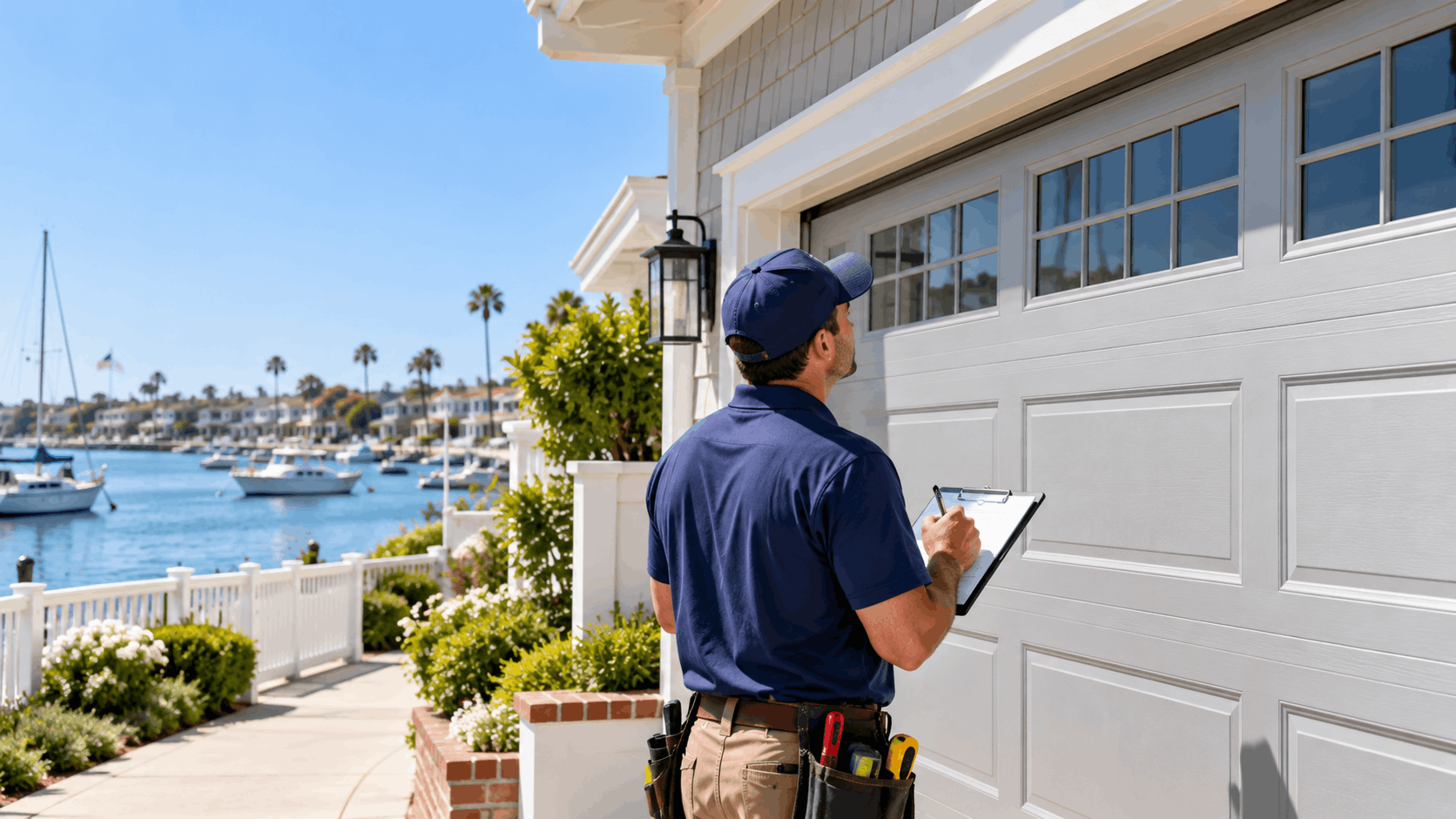 Garage door technician inspecting white panel door at Balboa Island waterfront home