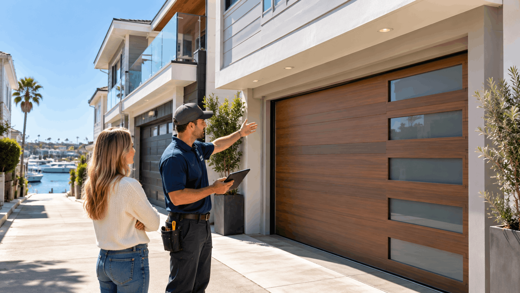 Garage door technician consulting homeowner outside modern Balboa Peninsula waterfront home