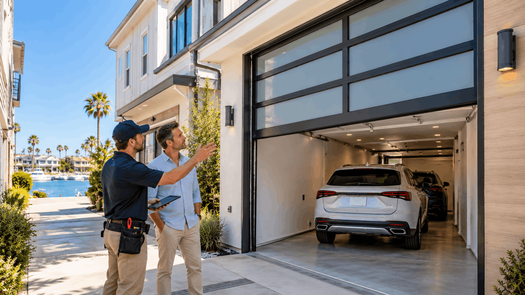 Garage door technician consulting homeowner outside modern luxury coastal garage in Irvine