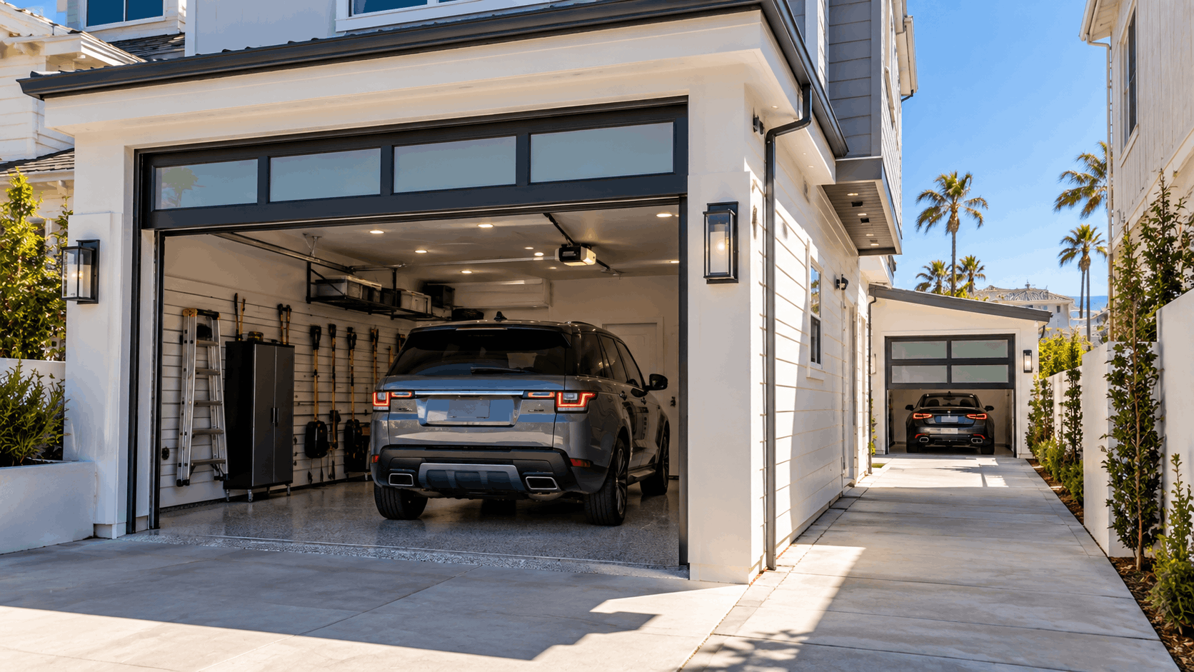Modern two-car garage with open door revealing SUV parked inside coastal home