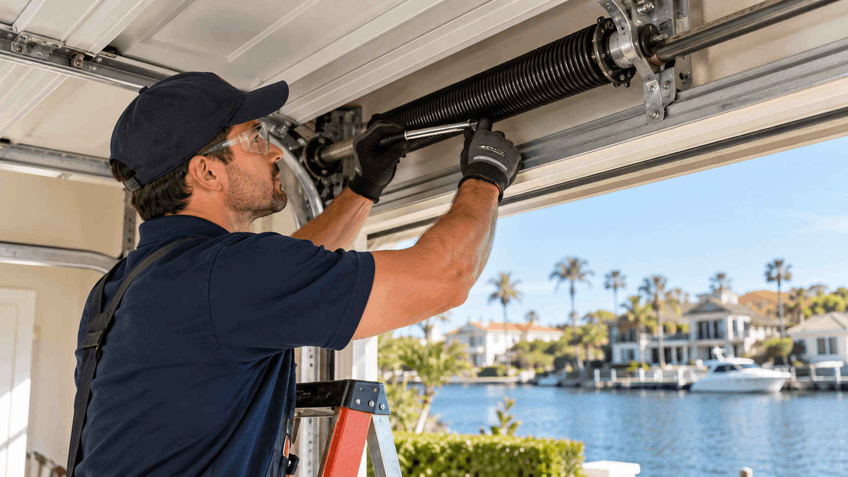 Garage door spring replacement technician on ladder repairing torsion spring in Irvine waterfront home