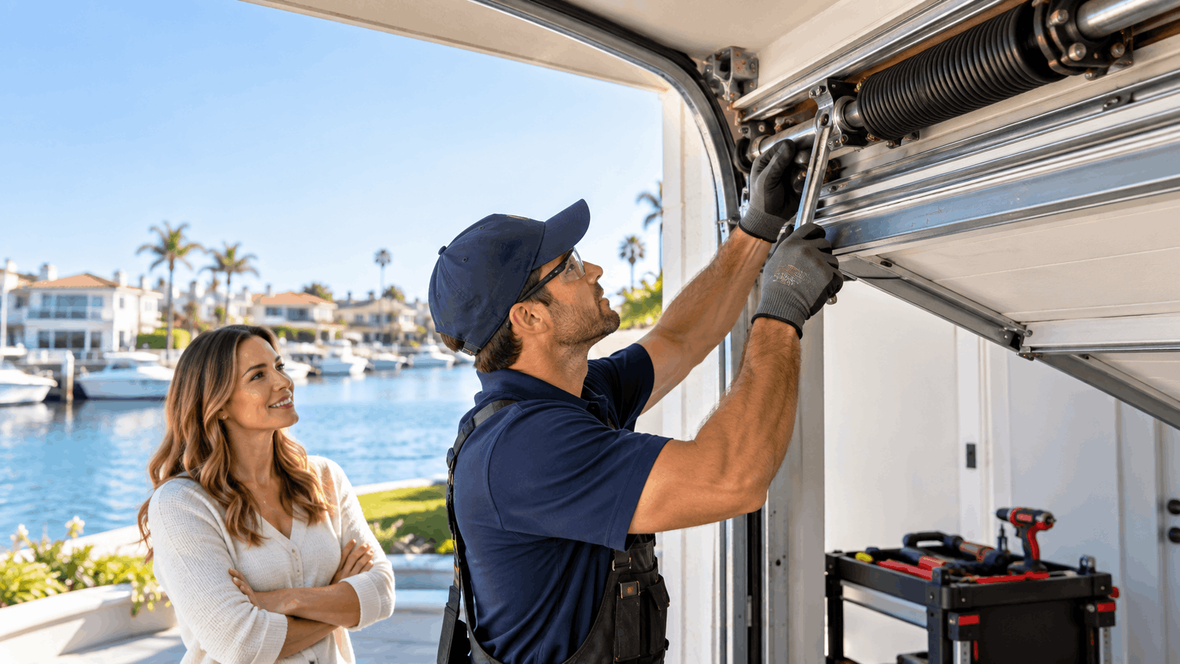 Garage door technician replacing torsion springs on waterfront Irvine home with homeowner watching