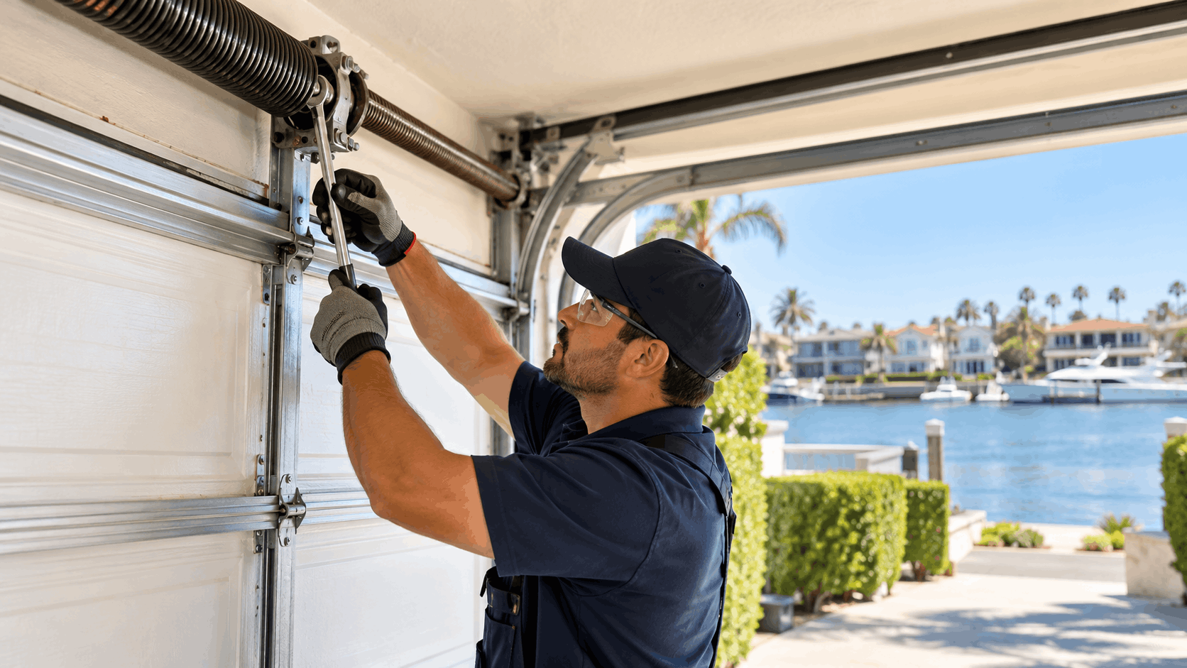 Garage door technician repairing torsion springs on white sectional garage door waterfront property