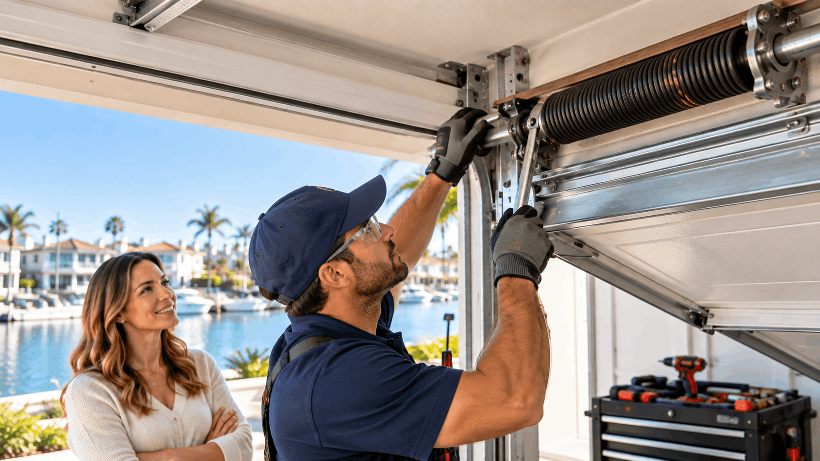Licensed garage door technician repairing torsion springs on Lido Isle waterfront home