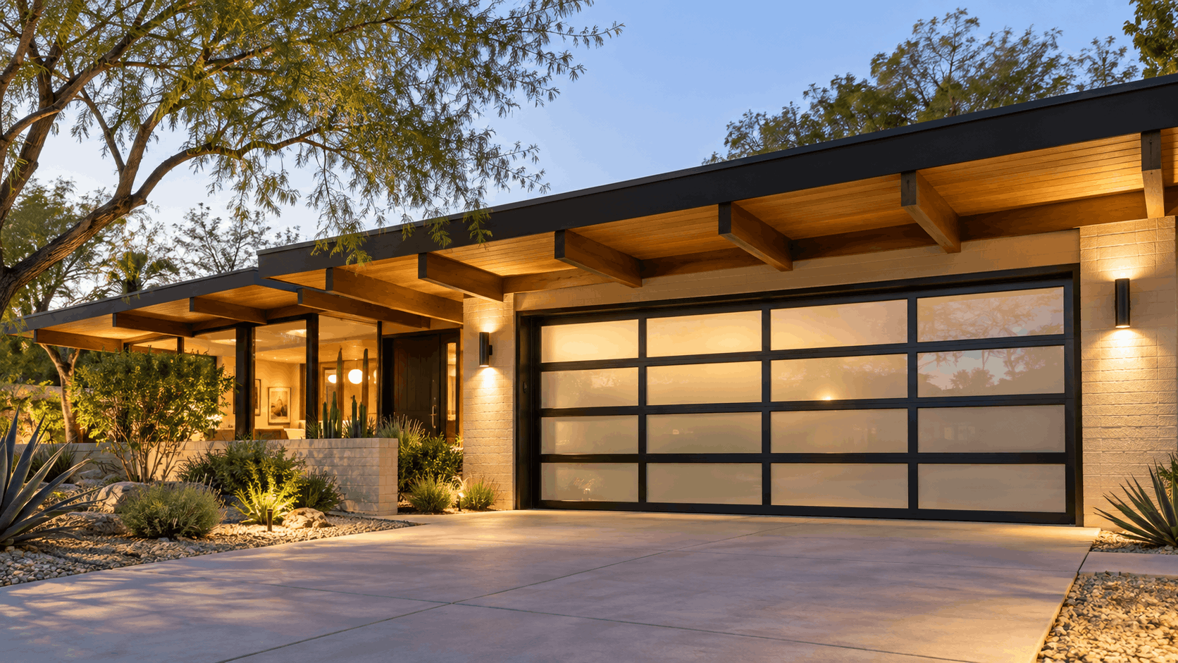 Modern glass panel garage door on mid-century ranch home in Irvine California