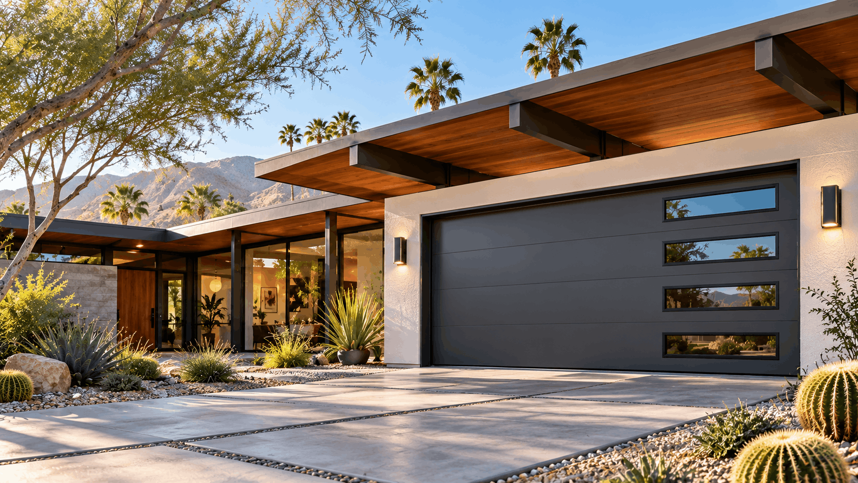 Modern mid-century garage door with horizontal windows on Palm Springs desert home