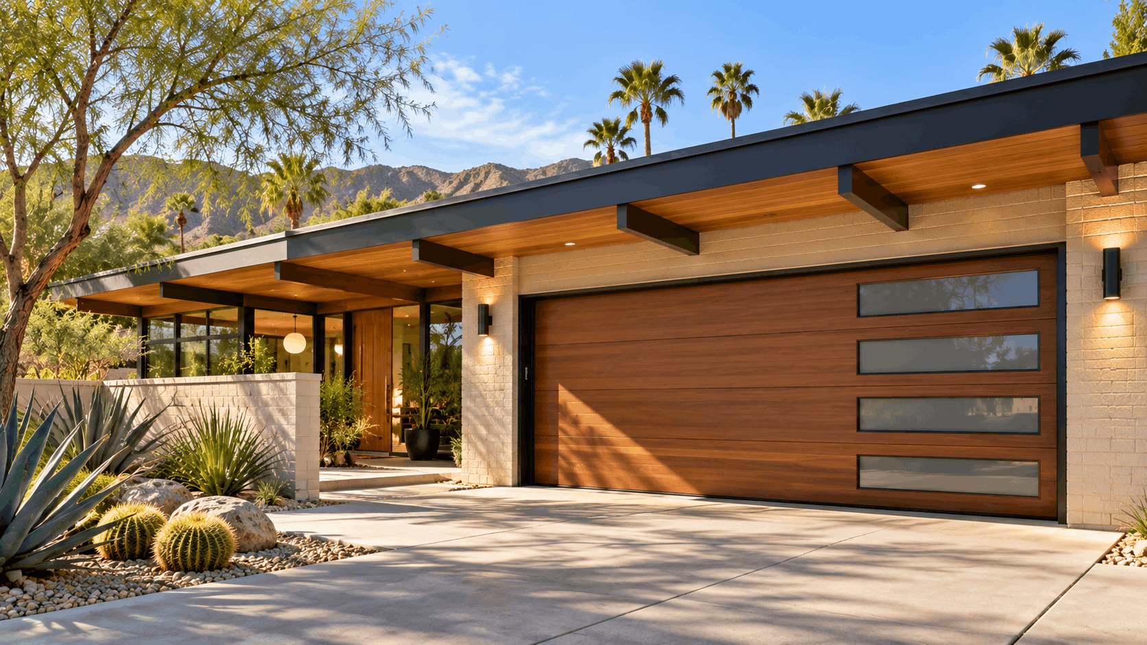 Mid-century modern home with wood garage door and glass panels in sunny California